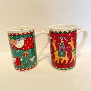 Christmas holiday mugs green with santa & angel and red with reindeer set of 2